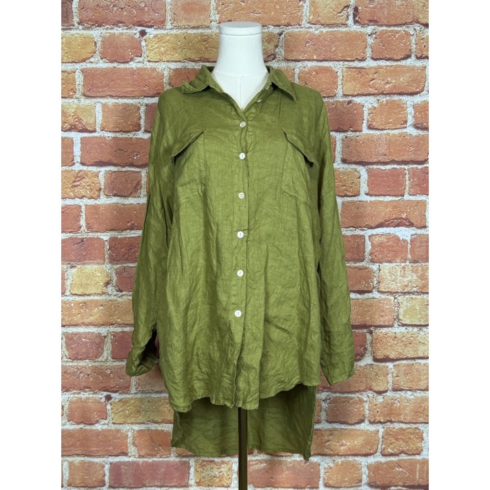 Wrap London Women's Size 8 Green 100% Linen Button‎ Front Top Long Back